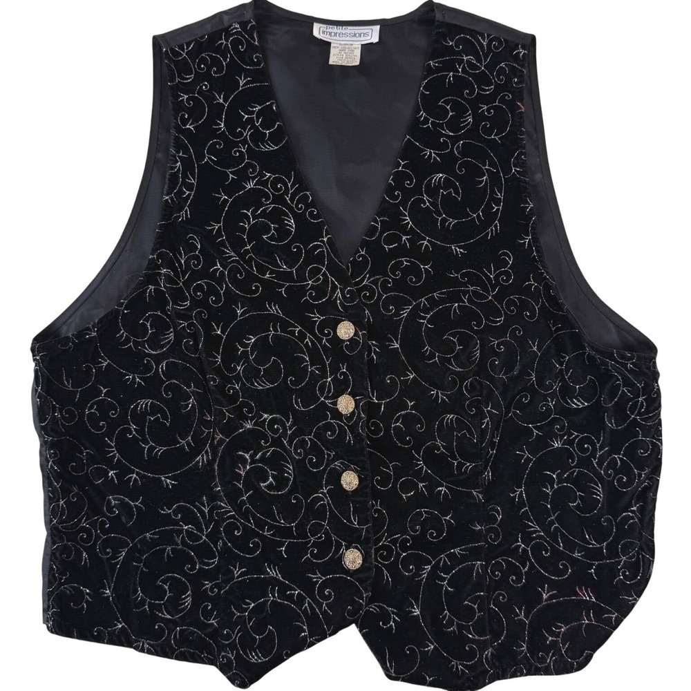 Petite Impressions Velvet Vest Medium Black Silver Swirls Gold Buttons Vintage